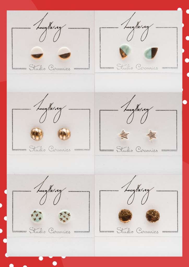 Lucy Hervey earrings grid of 6 photos with Christmas background